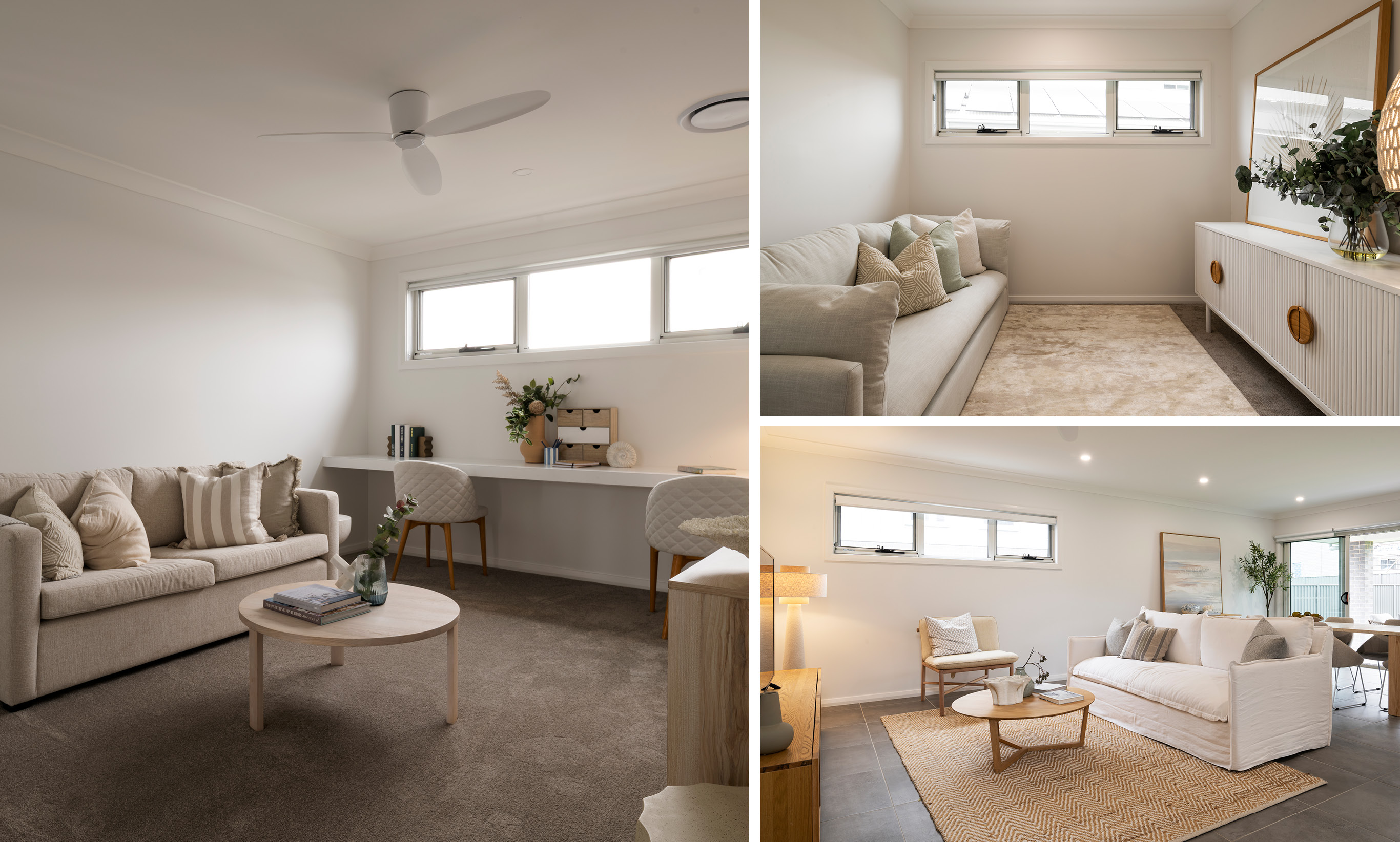 Three images of different living areas within a home. Image 1: Kids activities room with study nook. Image 2: Home theatre with comfy lounge. Image 3. Open plan living and dining area.
