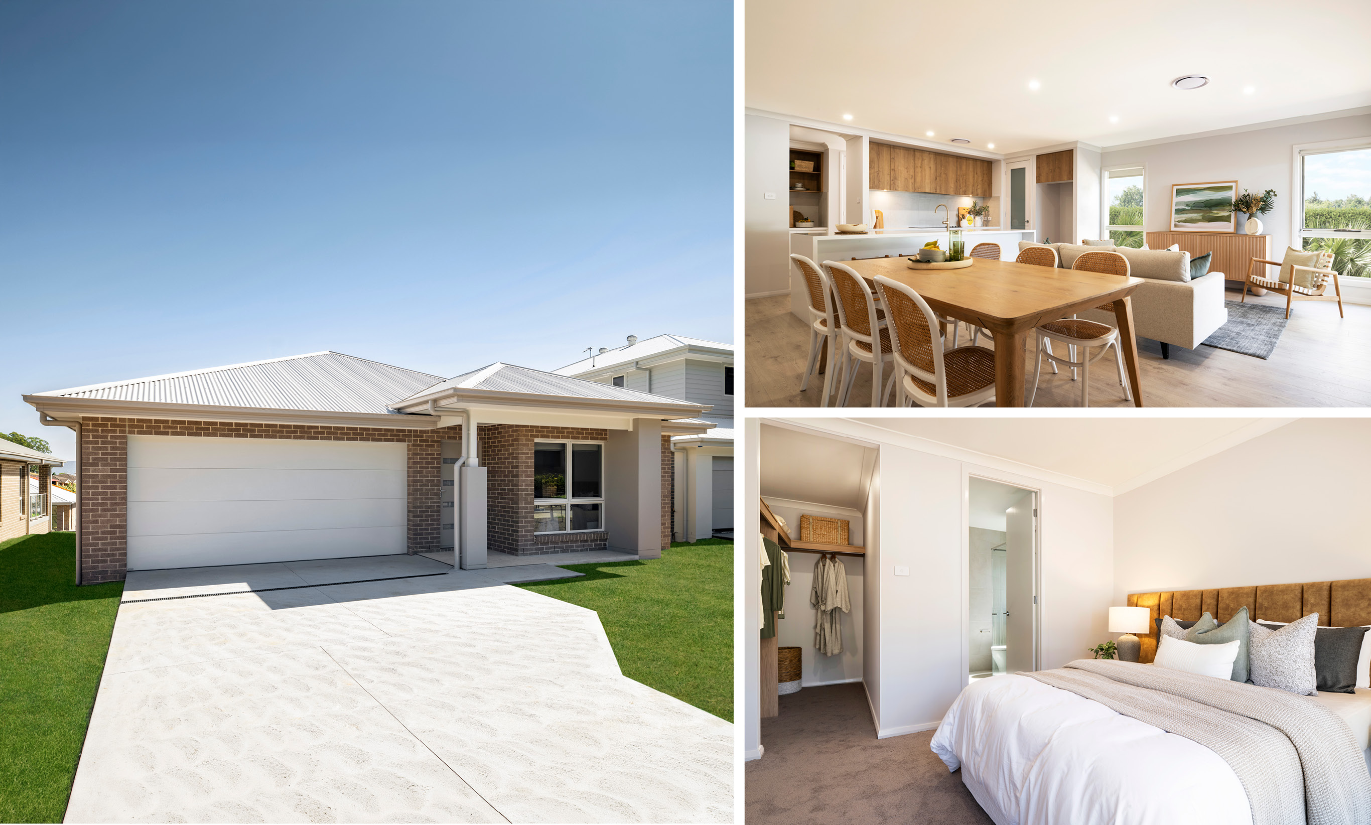 Single storey home with brick facade with white roof. Open plan living area with timber flooring and warm timber kitchen cabinetry. Master suite with walk-in robe and ensuite