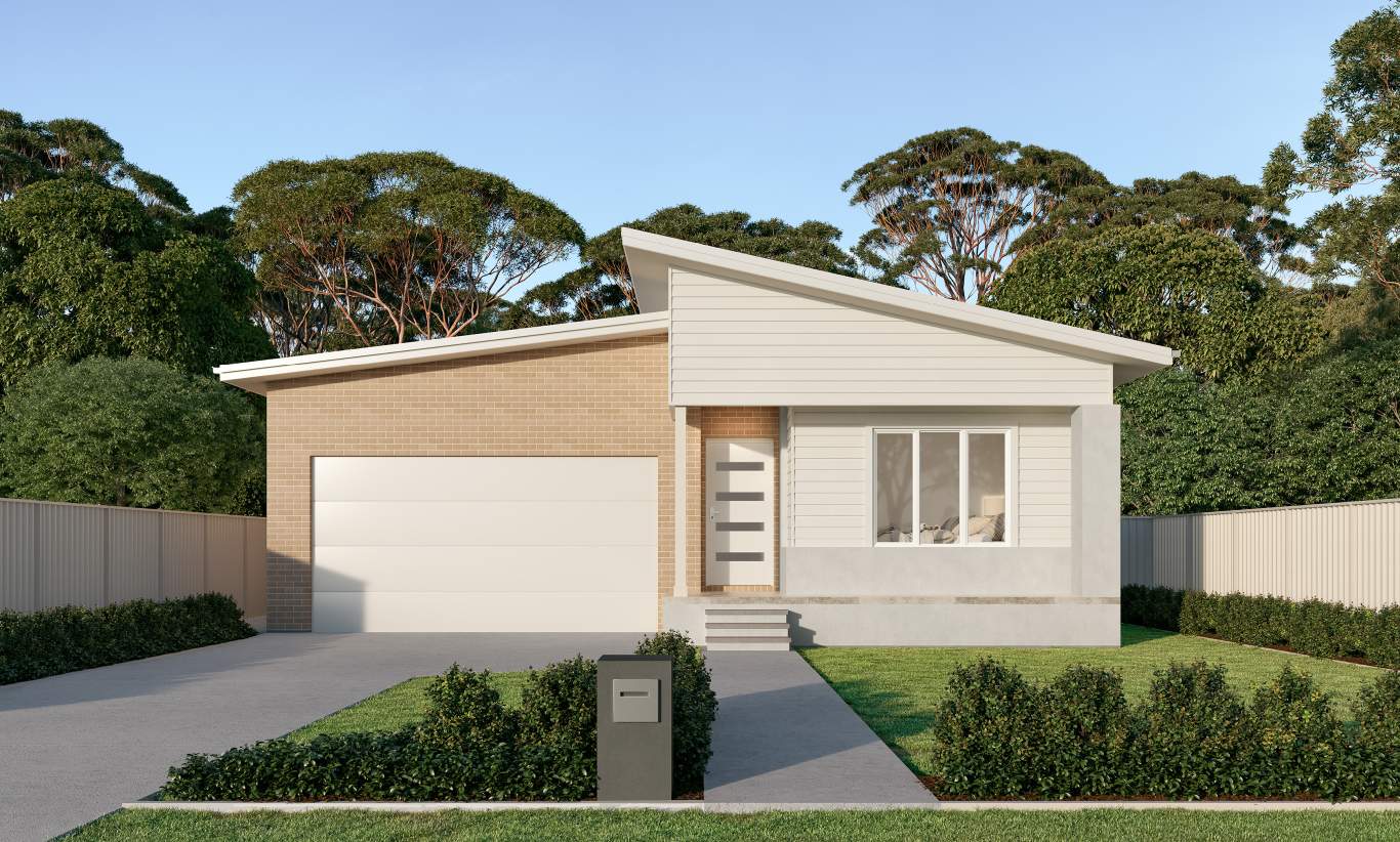 single-storey home design facade with sloped roof.