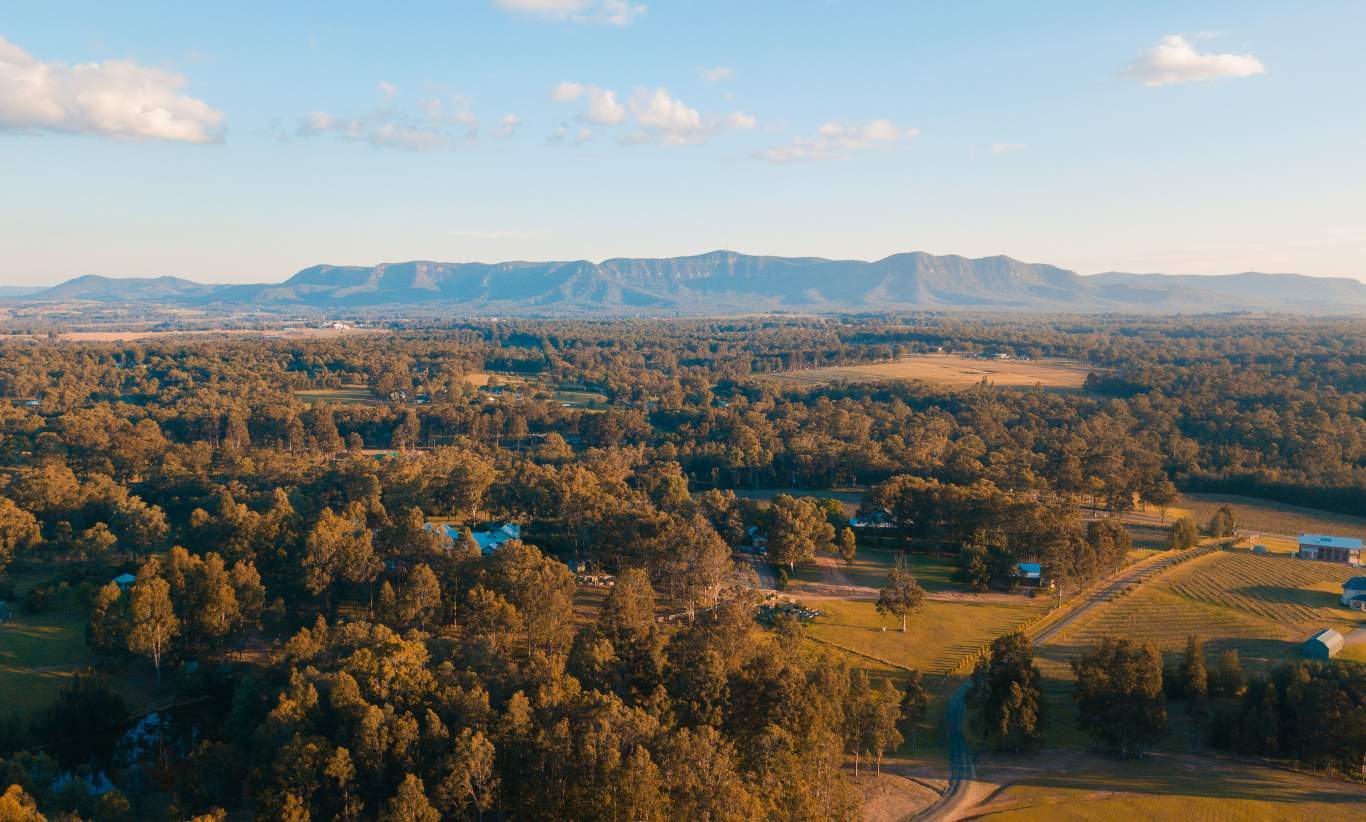 Countryside overlooking mountain ranges in the NSW Hunter Valley. 