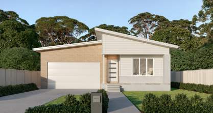 single-storey home design facade with sloped roof.